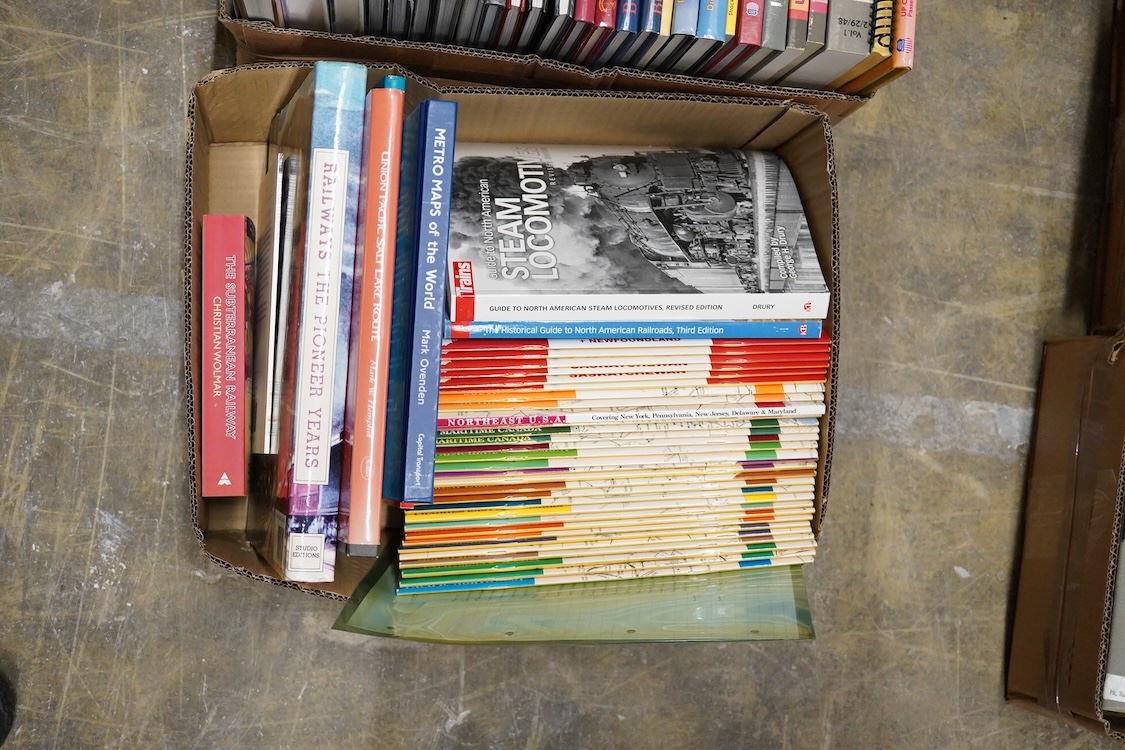 Four boxes of railway related books, primarily American outline, subjects include; the Union Pacific, Boston & Albany, North American Locomotives, British Railways locomotives ABCs, etc., publishers include; Morning Sun
